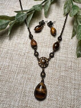 VINTAGE Bronze-Toned Brown Tiger's Eye Beaded Y-Drop Necklace and Earring Set